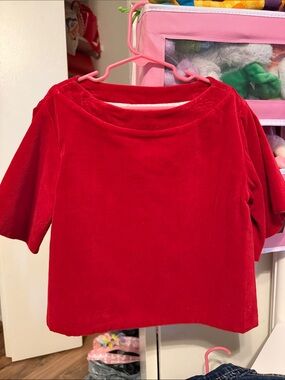 Girls' Red Velvet Long Sleeve Top - Classic Boat Neck